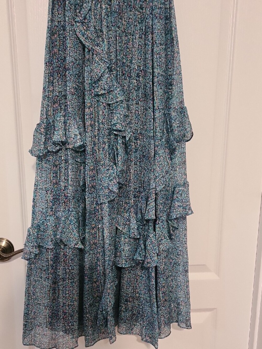 Rebecca Taylor - Teal Metallic Floral Ruffle Maxi Dress - Picture 5 of 7